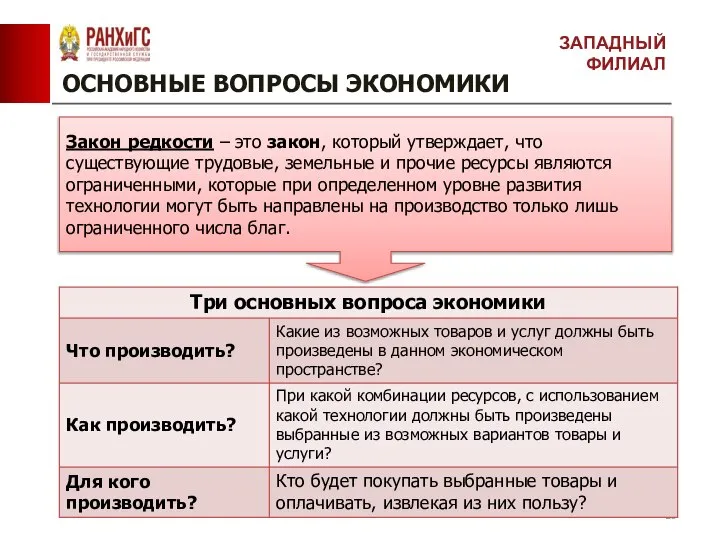 ОСНОВНЫЕ ВОПРОСЫ ЭКОНОМИКИ ЗАПАДНЫЙ ФИЛИАЛ Закон редкости – это закон, который утверждает,