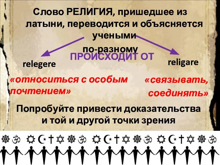 Слово РЕЛИГИЯ, пришедшее из латыни, переводится и объясняется учеными по-разному ПРОИСХОДИТ ОТ