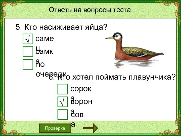 Ответь на вопросы теста Проверка 5. Кто насиживает яйца? самец самка по