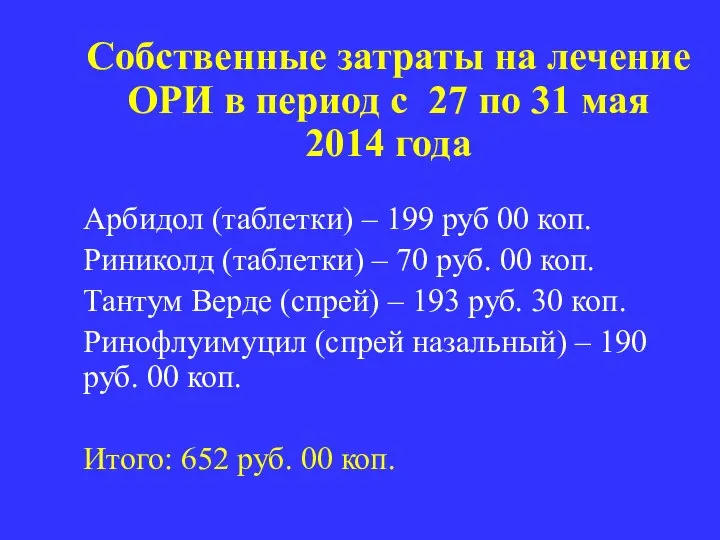 Собственные затраты на лечение ОРИ в период с 27 по 31 мая