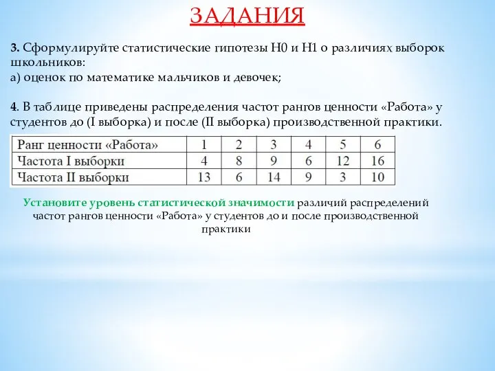 ЗАДАНИЯ 3. Сформулируйте статистические гипотезы Н0 и Н1 о различиях выборок школьников: