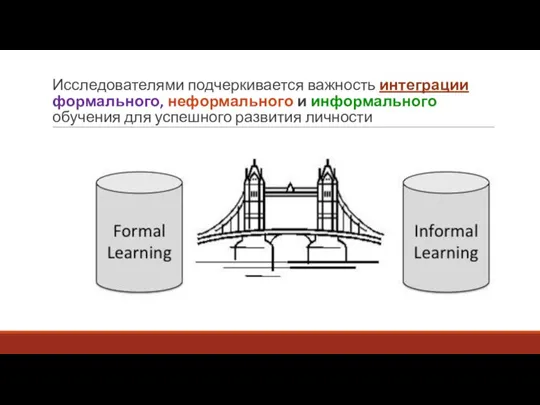 Исследователями подчеркивается важность интеграции формального, неформального и информального обучения для успешного развития личности