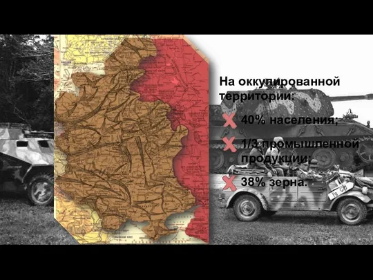 На оккупированной территории: 40% населения; 1/3 промышленной продукции; 38% зерна.