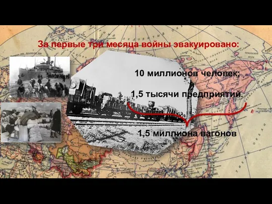 10 миллионов человек; 1,5 тысячи предприятий. 1,5 миллиона вагонов За первые три месяца войны эвакуировано: