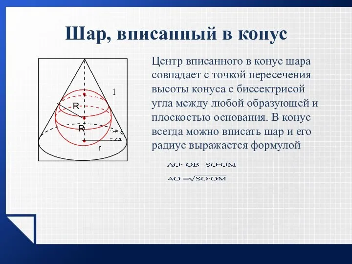 Шар, вписанный в конус Центр вписанного в конус шара совпадает с точкой