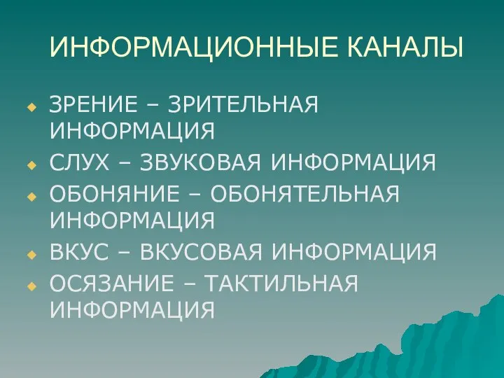 ИНФОРМАЦИОННЫЕ КАНАЛЫ ЗРЕНИЕ – ЗРИТЕЛЬНАЯ ИНФОРМАЦИЯ СЛУХ – ЗВУКОВАЯ ИНФОРМАЦИЯ ОБОНЯНИЕ –