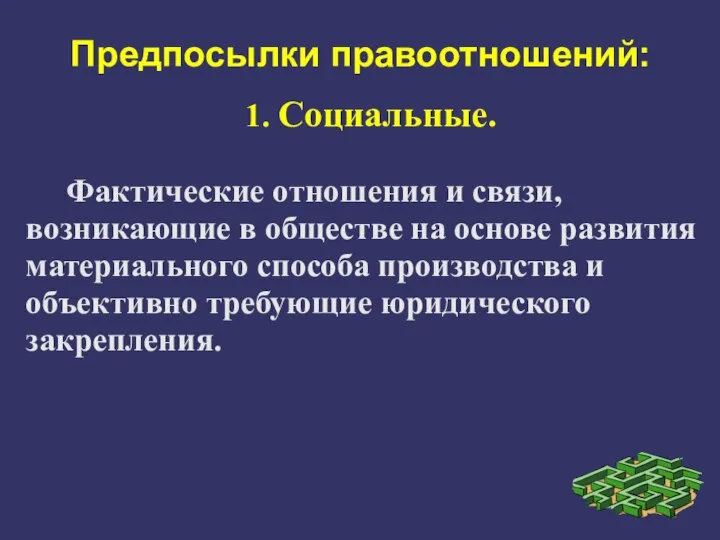 Предпосылки правоотношений: 1. Социальные. Фактические отношения и связи, возникающие в обществе на