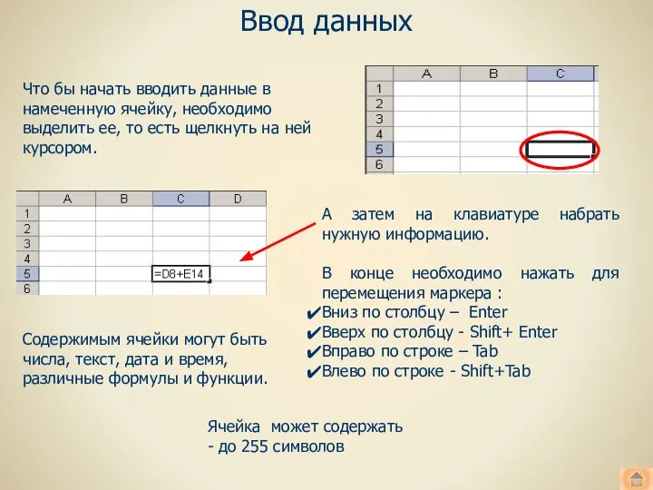 Ввод данных Что бы начать вводить данные в намеченную ячейку, необходимо выделить