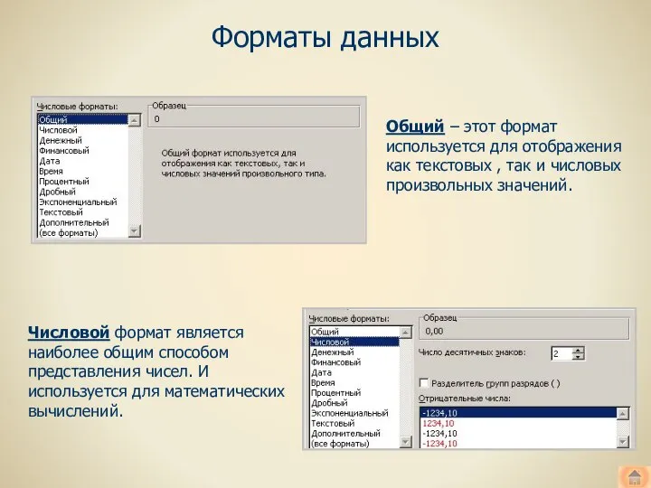 Форматы данных Общий – этот формат используется для отображения как текстовых ,