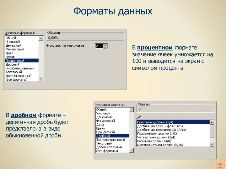 Форматы данных В процентном формате значение ячеек умножается на 100 и выводится