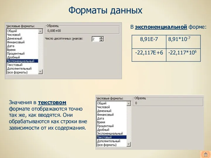 Форматы данных Значения в текстовом формате отображаются точно так же, как вводятся.