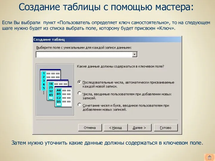 Создание таблицы с помощью мастера: Если Вы выбрали пункт «Пользователь определяет ключ