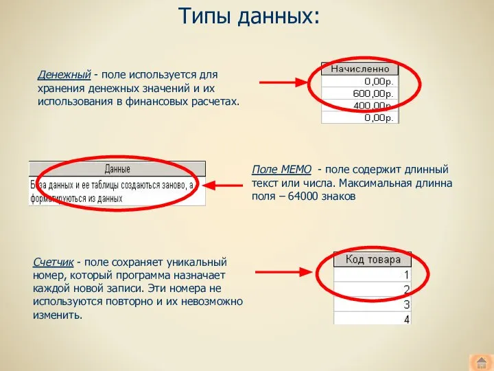 Поле МЕМО - поле содержит длинный текст или числа. Максимальная длинна поля