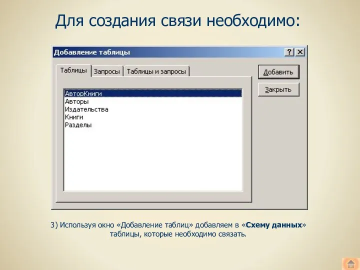 Для создания связи необходимо: 3) Используя окно «Добавление таблиц» добавляем в «Схему