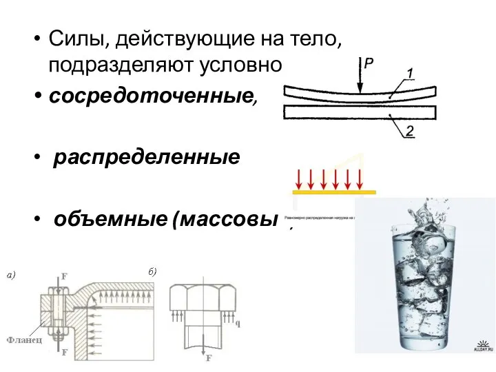 Силы, действующие на тело, подразделяют условно на сосредоточенные, распределенные объемные (массовые).