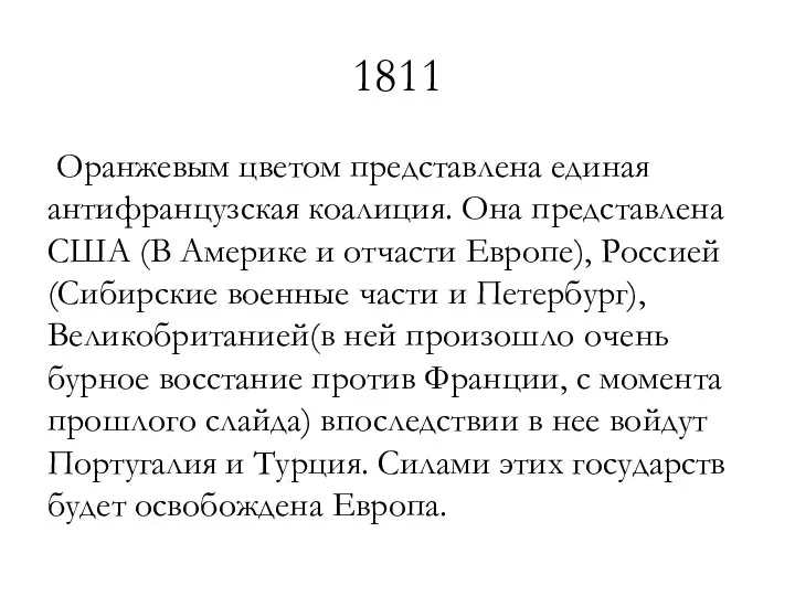 1811 Оранжевым цветом представлена единая антифранцузская коалиция. Она представлена США (В Америке