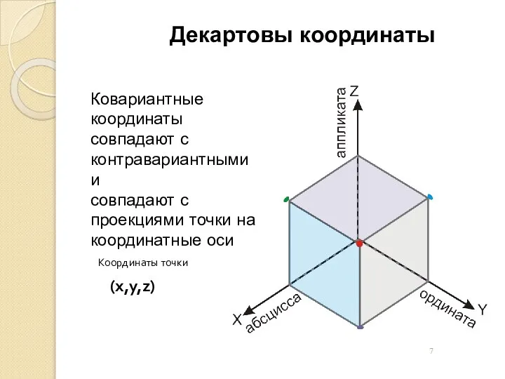 Декартовы координаты Ковариантные координаты совпадают с контравариантными и совпадают с проекциями точки