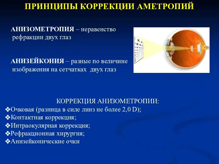 АНИЗОМЕТРОПИЯ – неравенство рефракции двух глаз АНИЗЕЙКОНИЯ – разные по величине изображения