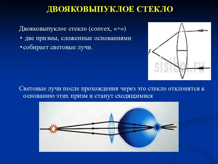 Двояковыпуклое стекло (convex, «+») две призмы, сложенные основаниями собирает световые лучи. ДВОЯКОВЫПУКЛОЕ