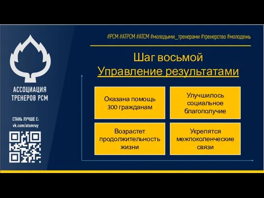 Шаг восьмой Управление результатами Оказана помощь 300 гражданам Улучшилось социальное благополучие Возрастет