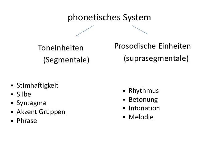 phonetisches System Toneinheiten Prosodische Einheiten (Segmentale) (suprasegmentale) Stimhaftigkeit Silbe Syntagma Akzent Gruppen