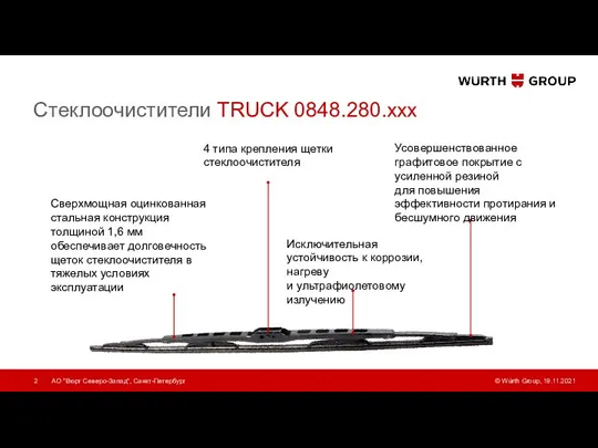 Стеклоочистители TRUCK 0848.280.xxx 19.11.2021 АО "Вюрт Северо-Запад", Санкт-Петербург 4 типа крепления щетки