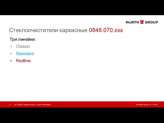 Стеклоочистители каркасные 0848.070.ххх 19.11.2021 АО "Вюрт Северо-Запад", Санкт-Петербург Три линейки: Classiс Standard Redline