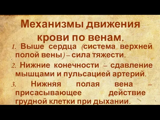 Механизмы движения крови по венам. 1. Выше сердца (система верхней полой вены)