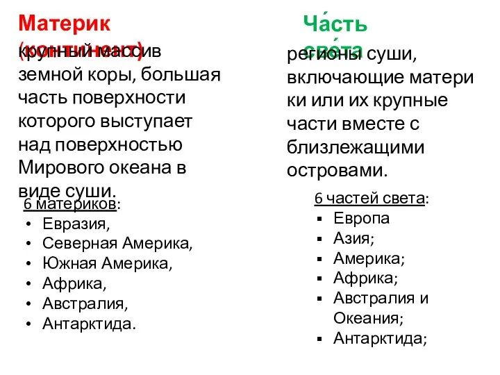 Материк (континент) Ча́сть све́та крупный массив земной коры, большая часть поверхности которого