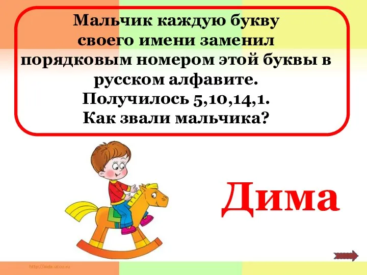 Мальчик каждую букву своего имени заменил порядковым номером этой буквы в русском