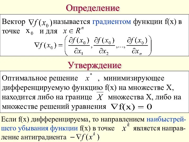 Если f(x) дифференцируема, то направлением наибыстрей- шего убывания функции f(x) в точке