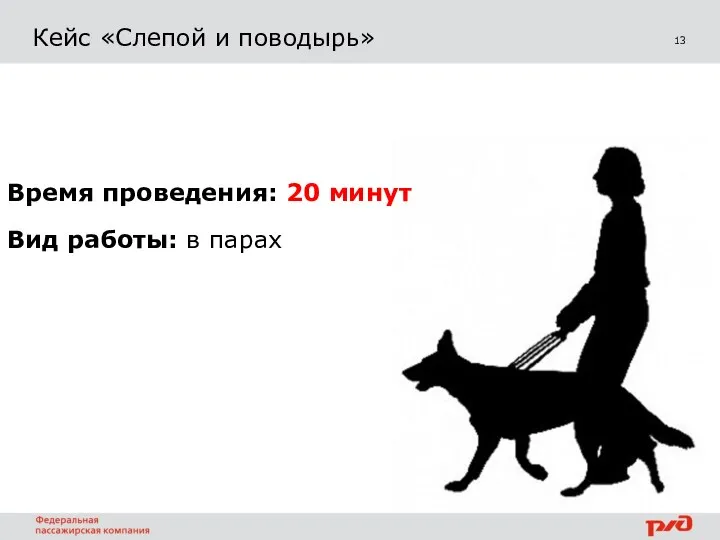 13 Кейс «Слепой и поводырь» Время проведения: 20 минут Вид работы: в парах