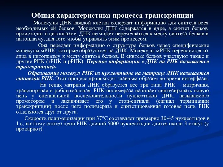 Общая характеристика процесса транскрипции Молекулы ДНК каждой клетки содержат информацию для синтеза