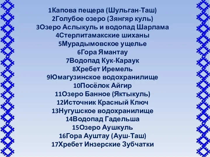 1Капова пещера (Шульган-Таш) 2Голубое озеро (Зянгяр куль) 3Озеро Аслыкуль и водопад Шарлама