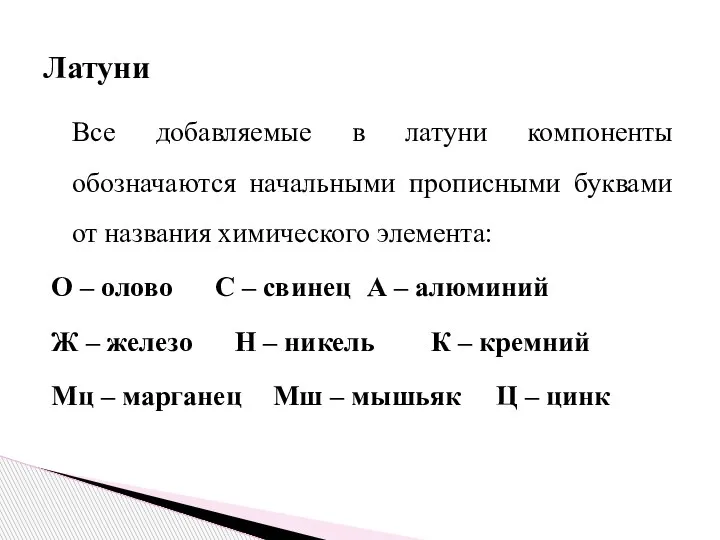 Все добавляемые в латуни компоненты обозначаются начальными прописными буквами от названия химического