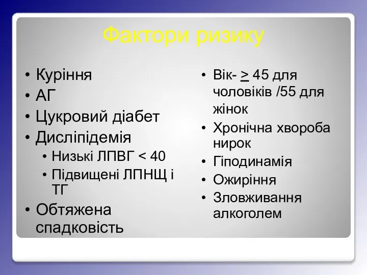 Фактори ризику Куріння АГ Цукровий діабет Дисліпідемія Низькі ЛПВГ Підвищені ЛПНЩ і