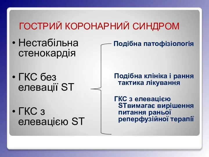 ГОСТРИЙ КОРОНАРНИЙ СИНДРОМ Подібна патофізіологія Подібна клініка і рання тактика лікування ГКС