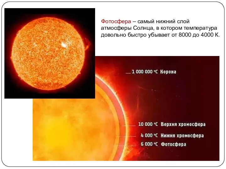 Фотосфера – самый нижний слой атмосферы Солнца, в котором температура довольно быстро