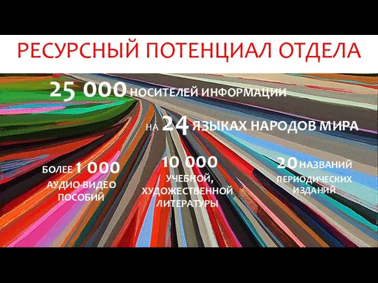 РЕСУРСНЫЙ ПОТЕНЦИАЛ ОТДЕЛА БОЛЕЕ 1 000 АУДИО-ВИДЕО ПОСОБИЙ 10 000 УЧЕБНОЙ, ХУДОЖЕСТВЕННОЙ