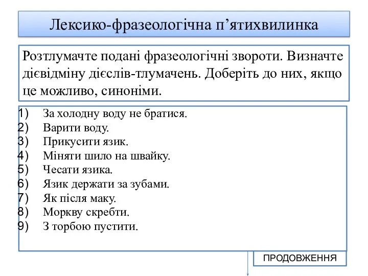 Лексико-фразеологічна п’ятихвилинка За холодну воду не братися. Варити воду. Прикусити язик. Міняти