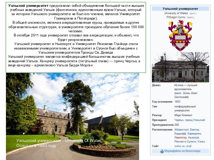 Уэльский университет представлял собой объединение большей части высших учебных заведений Уэльса (фактически,
