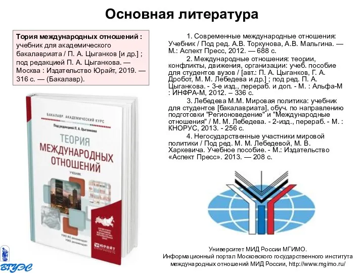 Основная литература 1. Современные международные отношения: Учебник / Под ред. А.В. Торкунова,