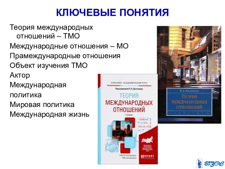 КЛЮЧЕВЫЕ ПОНЯТИЯ Теория международных отношений – ТМО Международные отношения – МО Прамеждународные