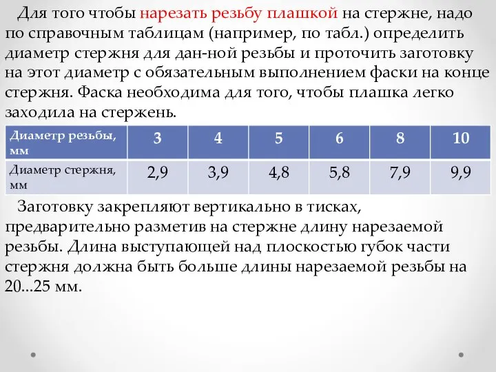 Для того чтобы нарезать резьбу плашкой на стержне, надо по справочным таблицам