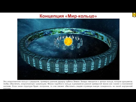 Концепция «Мир-кольцо» Это искусственное кольцо с радиусом, примерно равным радиусу орбиты Земли.
