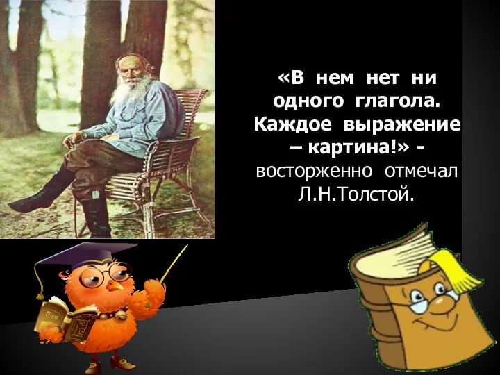 «В нем нет ни одного глагола. Каждое выражение – картина!» - восторженно отмечал Л.Н.Толстой.