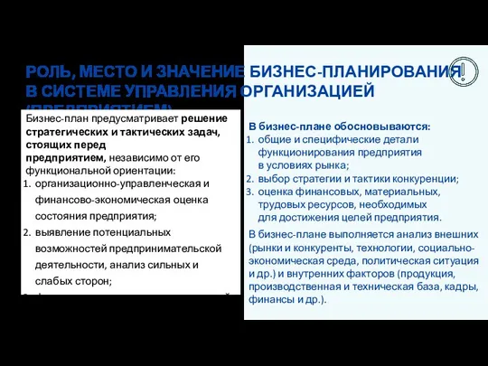 В бизнес-плане обосновываются: общие и специфические детали функционирования предприятия в условиях рынка;