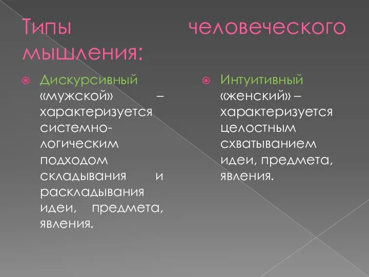 Типы человеческого мышления: Дискурсивный «мужской» –характеризуется системно-логическим подходом складывания и раскладывания идеи,