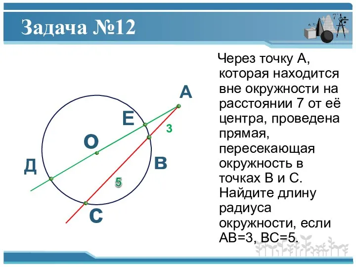 Задача №12 Через точку А, которая находится вне окружности на расстоянии 7