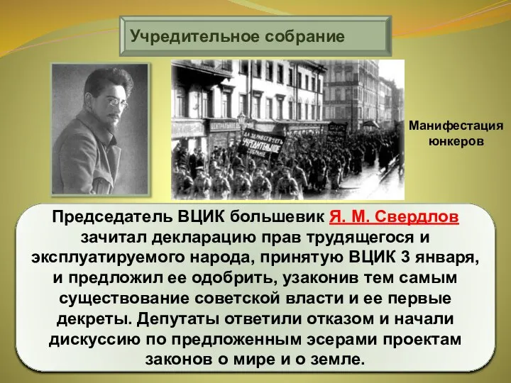 Учредительное собрание Председатель ВЦИК большевик Я. М. Свердлов зачитал декларацию прав трудящегося